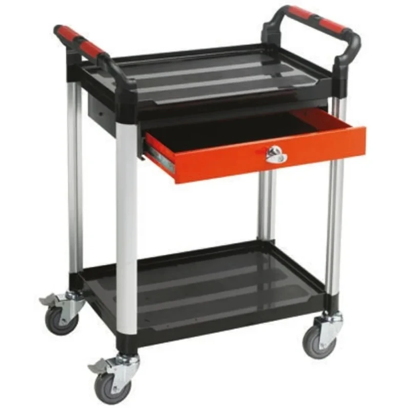 RS PRO 2 Shelf Aluminium Frame Rubber Wheel Trolley with Lockable Drawer, 630 mm Platform Length, 100 kg Load 669-3765
