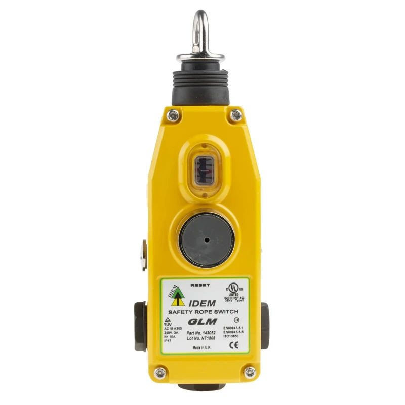 IDEM GLM Rope Pull Switch 205 mm, Straight, 2 NO/2 NC, IP67, Die Cast Aluminium Housing 143052
