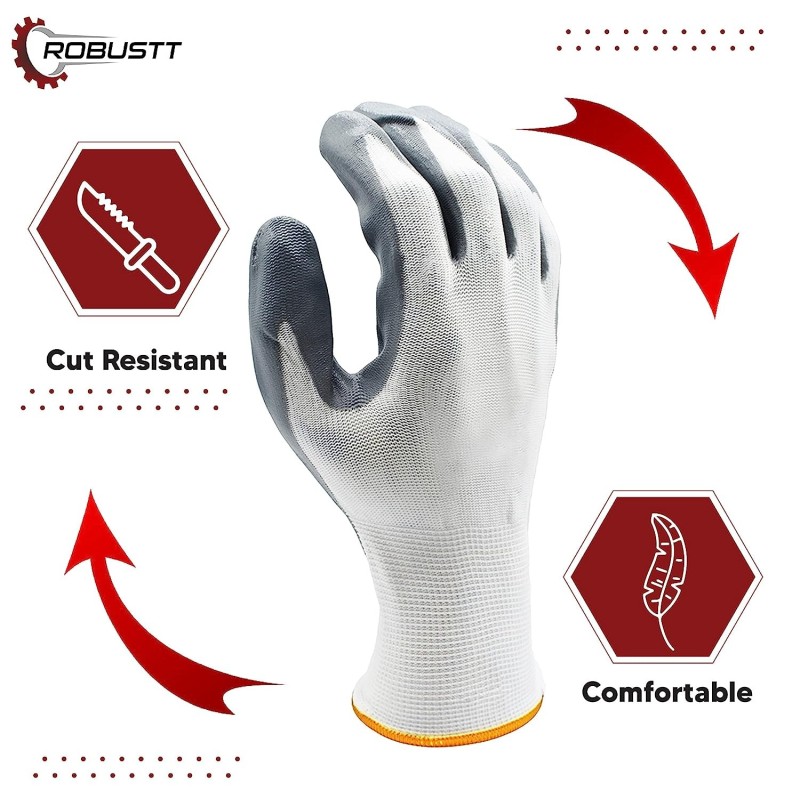 Buy Robustt White on Grey Nylon Nitrile Gloves - Pack of 5