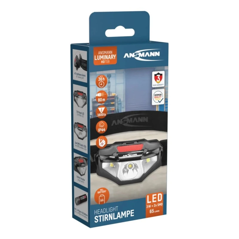 Ansmann LED Head Torch 65 Lumens IP44 Splash Proof Lightweight ABS Housing 80 m Beam Distance 4.3 h Run Time 1600-0260