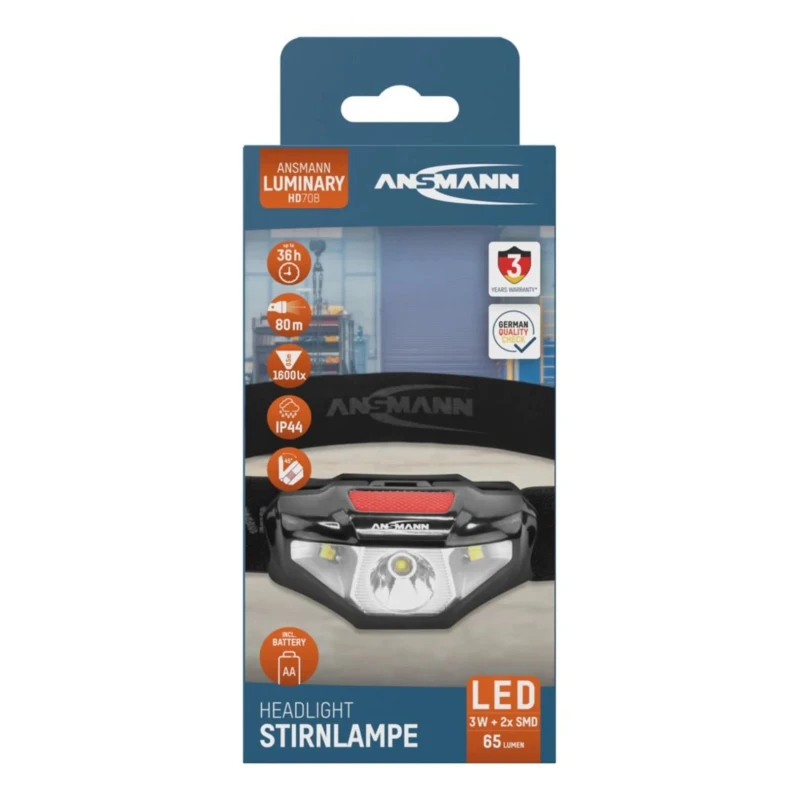 Ansmann LED Head Torch 65 Lumens IP44 Splash Proof Lightweight ABS Housing 80 m Beam Distance 4.3 h Run Time 1600-0260