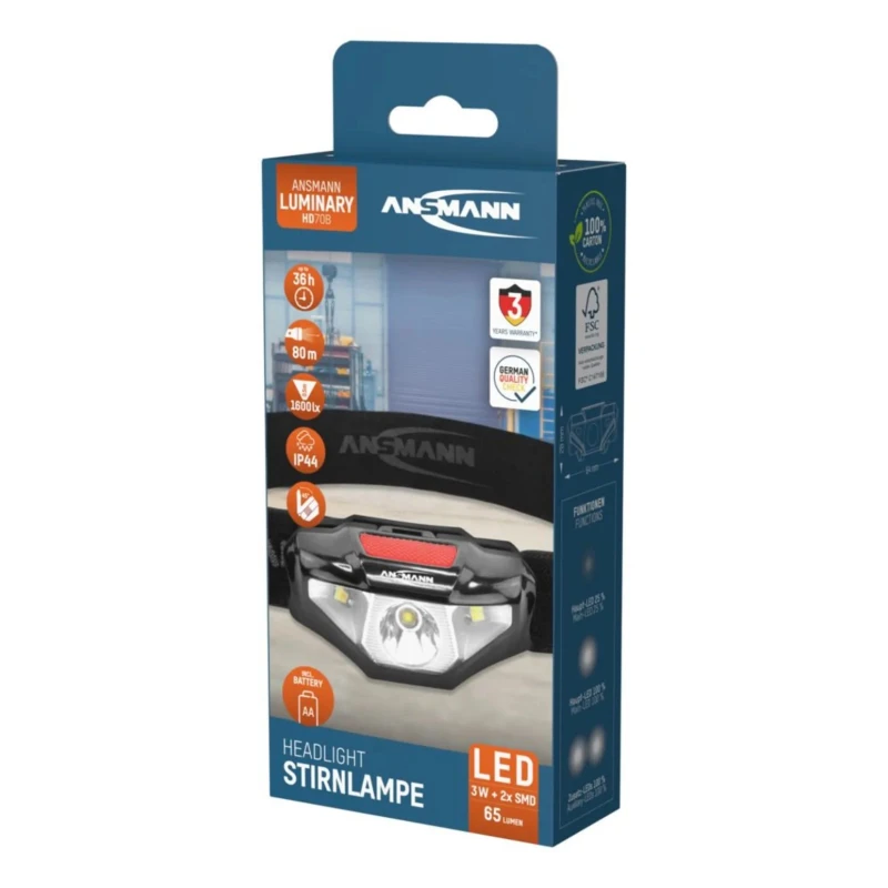 Ansmann LED Head Torch 65 Lumens IP44 Splash Proof Lightweight ABS Housing 80 m Beam Distance 4.3 h Run Time 1600-0260