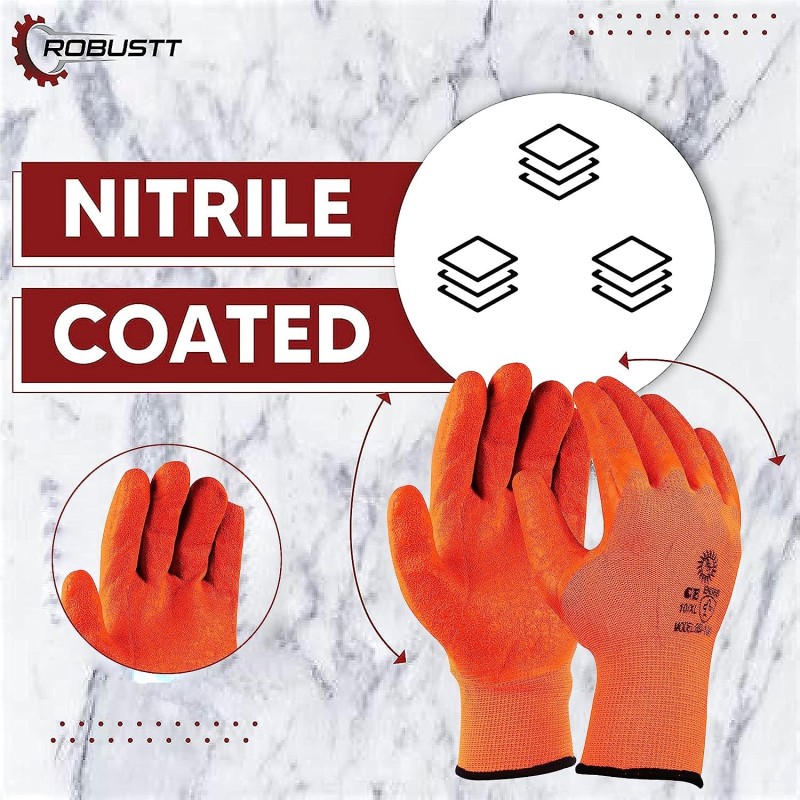 Buy Robustt Nylon Nitrile Gloves, Orange Full Coat - Pack of 1