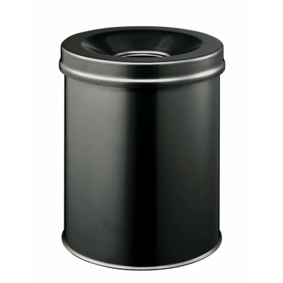 Durable Fire Extinguishing Steel Waste Bin 15L Black Flip Lid Safe Round 330501
