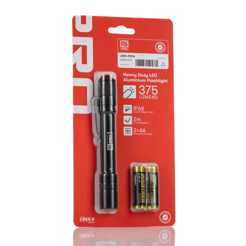 RS PRO LED Torch Black, Aluminium Housing, 375 Lumen, IP68 Rated, 151 mm Length Model 239-7014