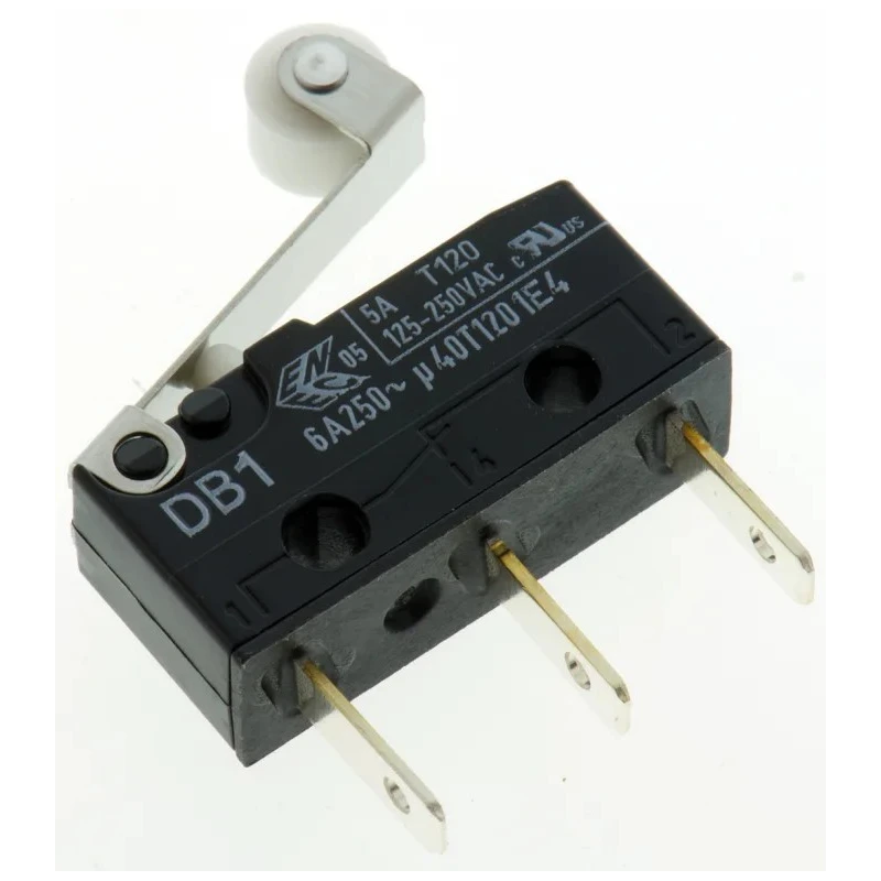 ZF Roller Lever Micro Switch with Tab Terminal, 6A Contact Current, 250V AC, SPDT Configuration, IP50, Polyamide DB1C-B1RB