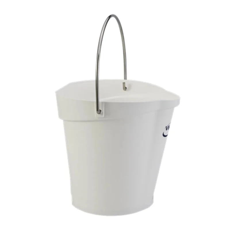 Vikan 6L Plastic White Round Bucket with Handle, Drip-Free Spout, Calibrated, Model 56885