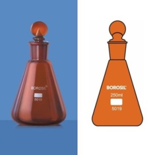Borosil 25ml Amber Erlenmeyer Flask I/C Joint Stopper 5019009 image-1