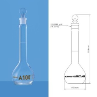 Borosil 50ml Volumetric Flask ASTM Wide Mouth Bulgy Neck 5647012 image-1