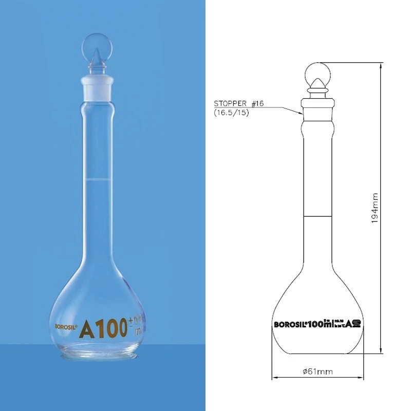 Borosil 50ml Volumetric Flask ASTM Wide Mouth Bulgy Neck 5647012 image-1