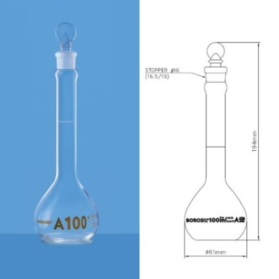 Borosil 100ml Volumetric Flask ASTM Wide Mouth Bulgy Neck 5647016 image-1