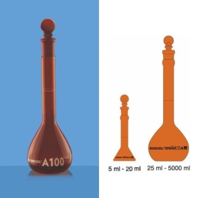 Borosil 200ml Volumetric Flask ASTM Narrow Amber 5655020 image-1